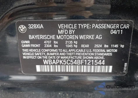 2011 BMW 328I xDrive z USA, uszkodzony, nr VIN WBAPK5C54BF121544